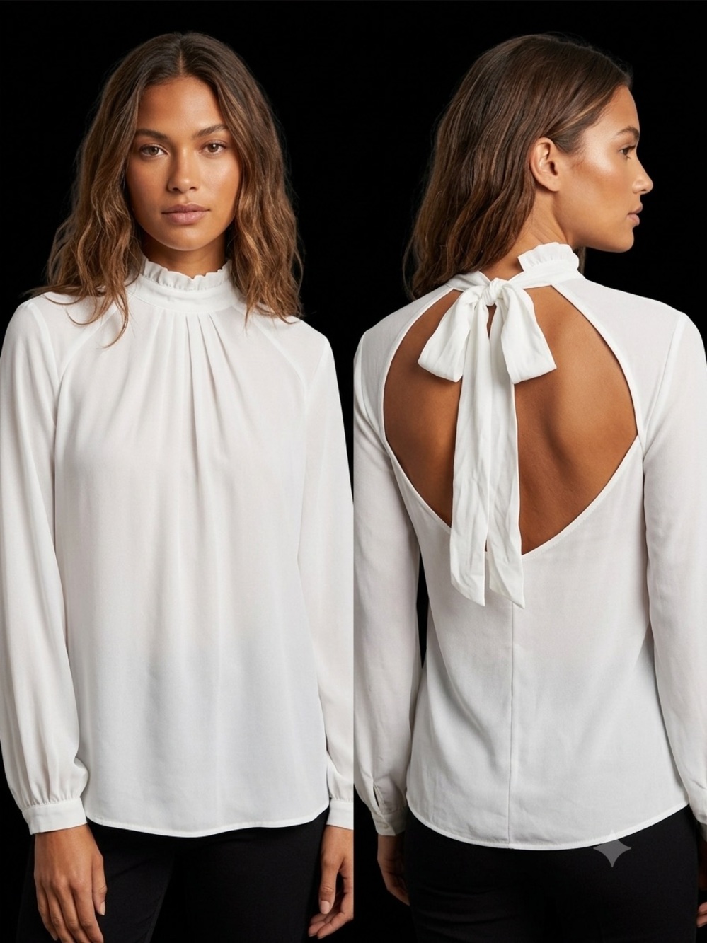 Zara White Ruffle High-Neck Open-Back Blouse